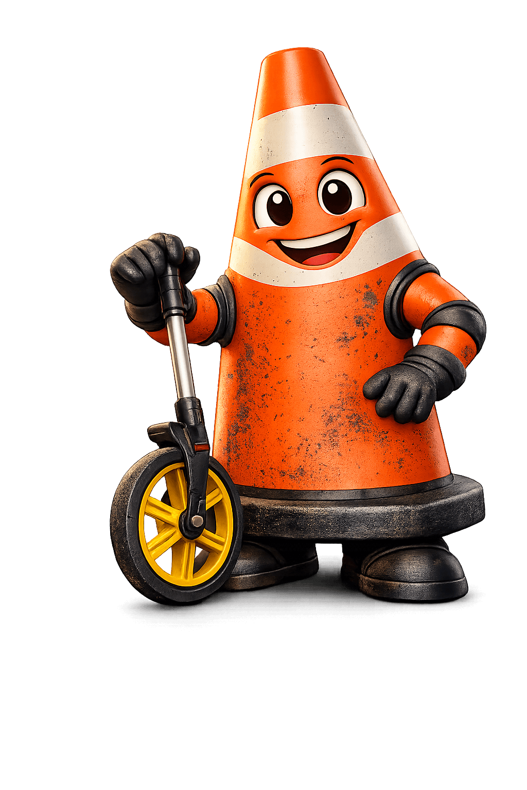Pylo asphalt mascot holding a measuring wheel while estimating spring crack filling, commercial parking lot repair, municipal and county crack sealing, acreage paving and asphalt rejuvenation in Calgary and surrounding areas